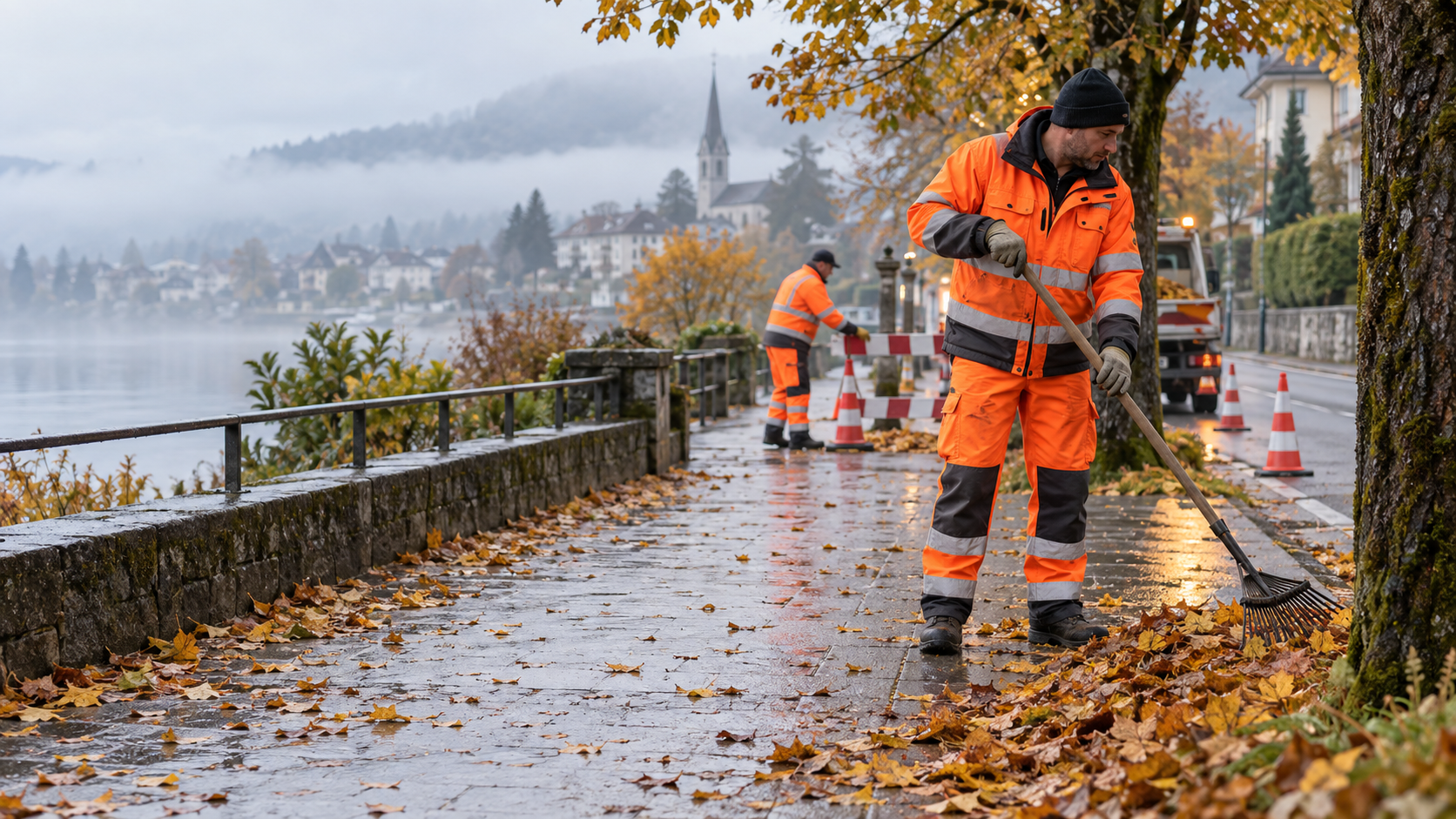 Gemeindemitarbeitende entfernen nasses Herbstlaub und tragen Warnschutzkleidung, Sicherheitsschuhe und Handschuhe.