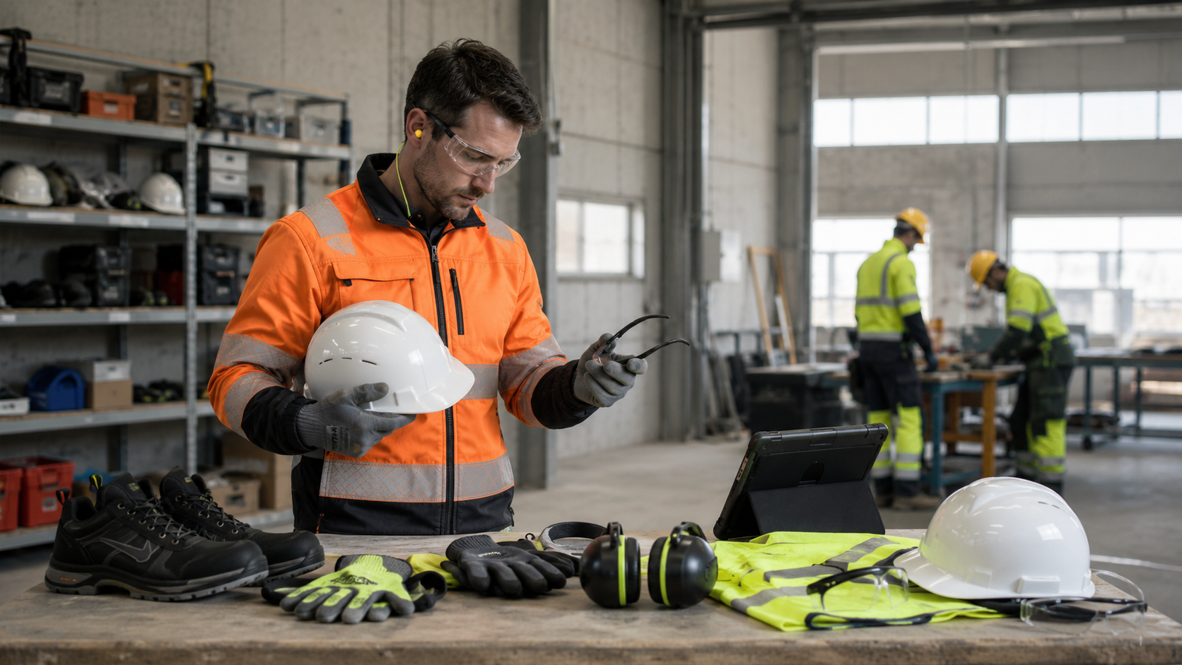 Arbeitende in der Schweiz wählen persönliche Schutzausrüstung wie Helm, Schutzbrille und Sicherheitsschuhe auf einer Baustelle aus