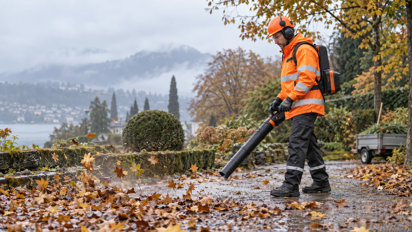 Gartenbauer bei der herbstlichen Arbeit mit Laubbläser, Warnschutz, Gehörschutz, Schutzbrille, Handschuhen und Sicherheitsschuhen.