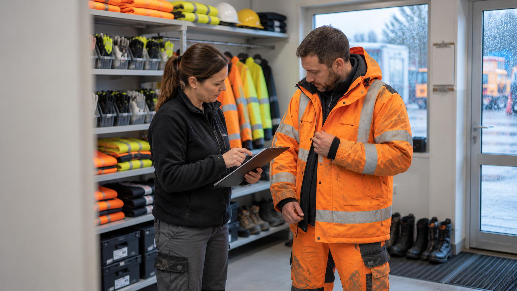 Sicherheitsverantwortliche prüft mit einem Mitarbeiter Passform und Zustand seiner Warnschutz-Winterjacke