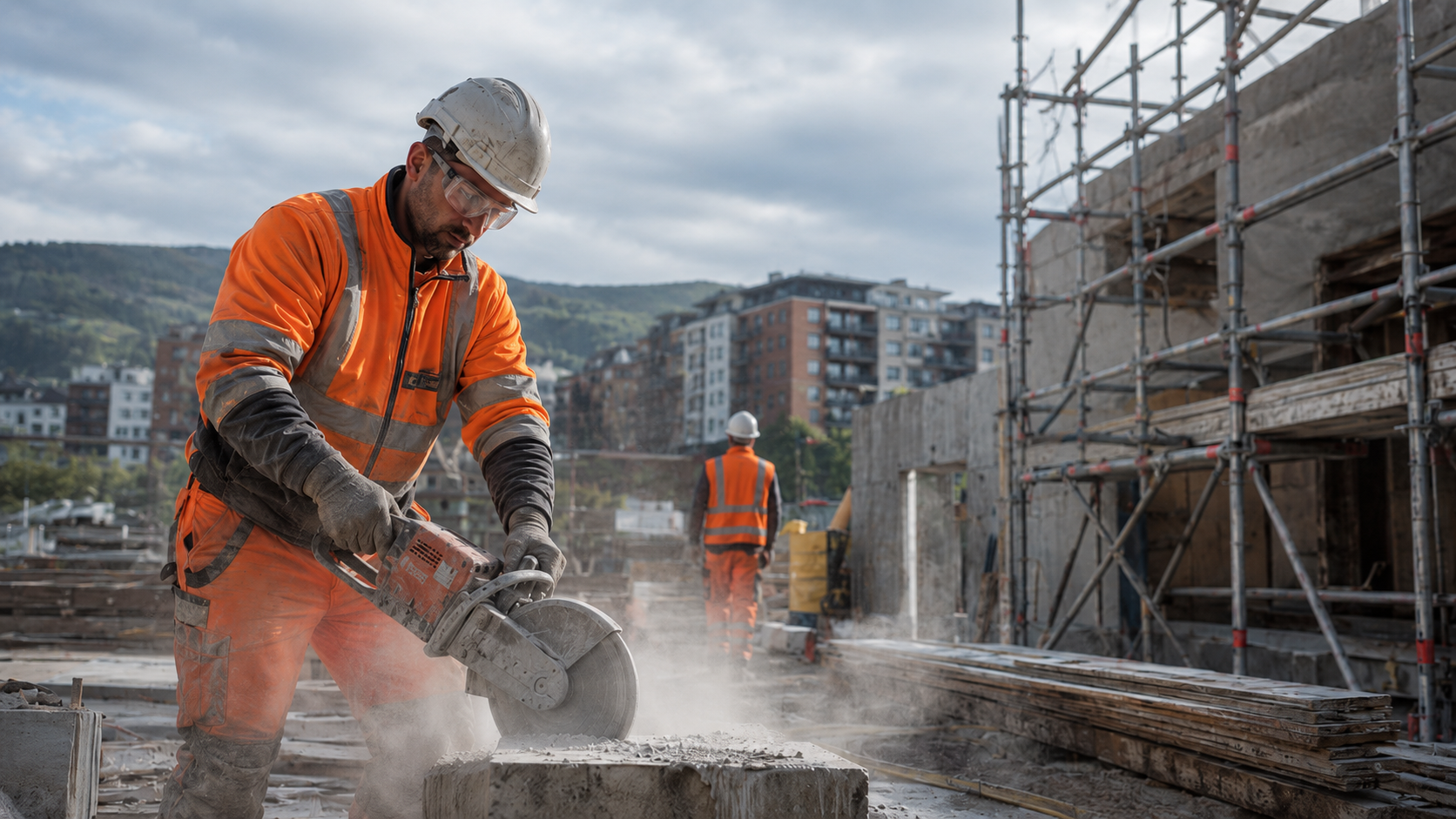 Bauarbeiter auf Schweizer Baustelle mit Schutzhelm, Warnkleidung, Sicherheitsschuhen und Absturzsicherung bei der Arbeit.