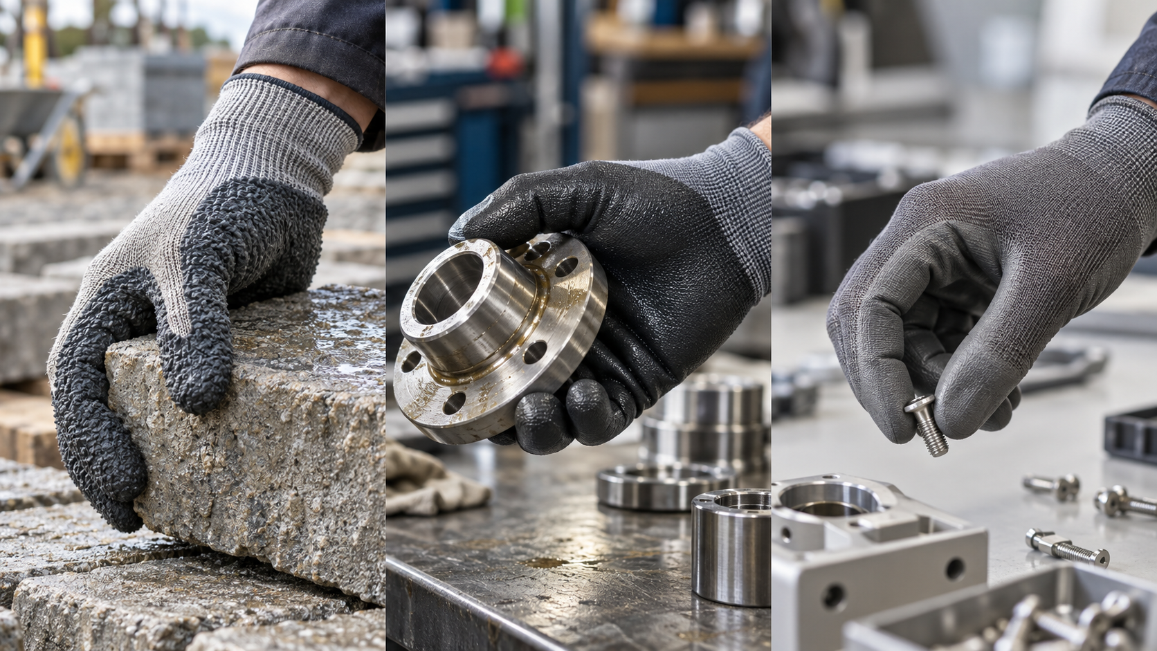 Drei Arbeitssituationen im Vergleich: Latexhandschuh greift einen feuchten Pflasterstein, Nitrilhandschuh hält ein öliges Metallteil, PU-Handschuh greift eine kleine Schraube.