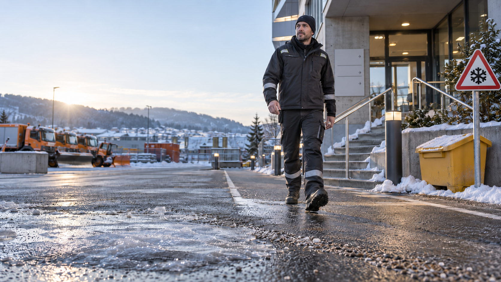 Mitarbeiter mit Sicherheitsschuhen auf einem geräumten und gestreuten Verkehrsweg bei winterlichen Bedingungen auf einem Werkhof.