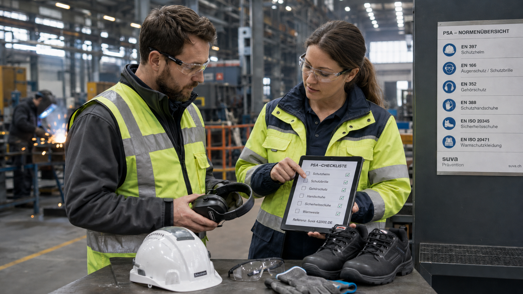 Sicherheitsbeauftragte prüft persönliche Schutzausrüstung mit Helm, Schutzbrille, Handschuhen, Sicherheitsschuhen und Warnschutzkleidung in einem industriellen Arbeitsumfeld.