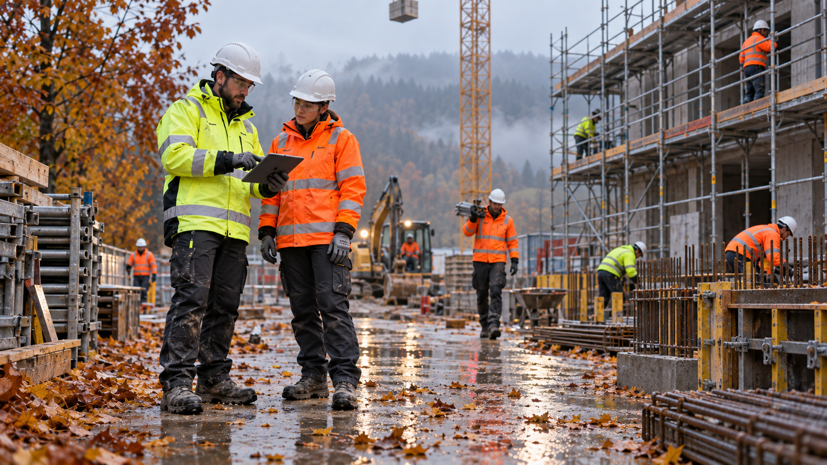 Bauarbeitende auf einer Schweizer Baustelle im Herbst mit Schutzhelm, Warnschutzkleidung und Sicherheitsschuhen bei nassem Boden
