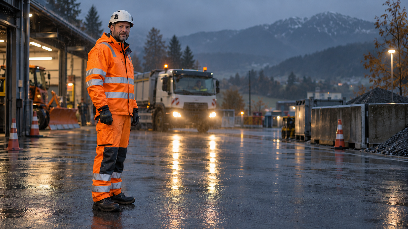 Mitarbeitender in Warnschutz-Regenjacke mit Reflexstreifen auf nassem Werkhof bei Nebel und Fahrzeugverkehr