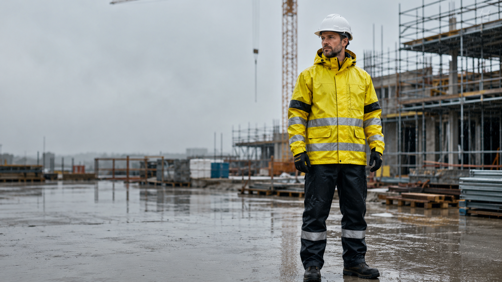 Bauarbeiter in wasserdichter Warnschutz-Wetterschutzkleidung bei Regen auf einer Baustelle