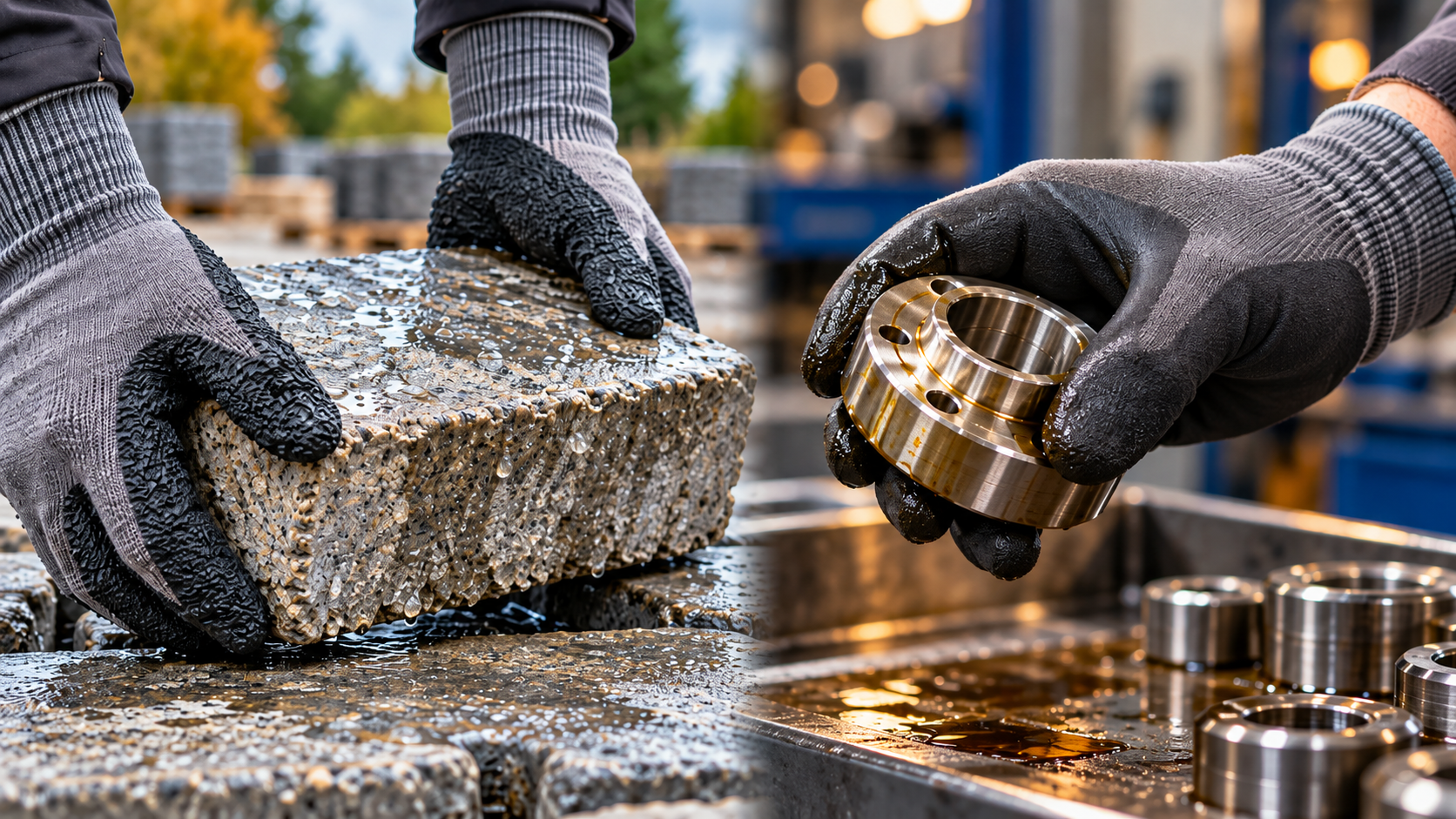 Latexbeschichtete Arbeitshandschuhe greifen einen nassen Pflasterstein; ein nitrilbeschichteter Handschuh hält ein leicht öliges Metallteil.