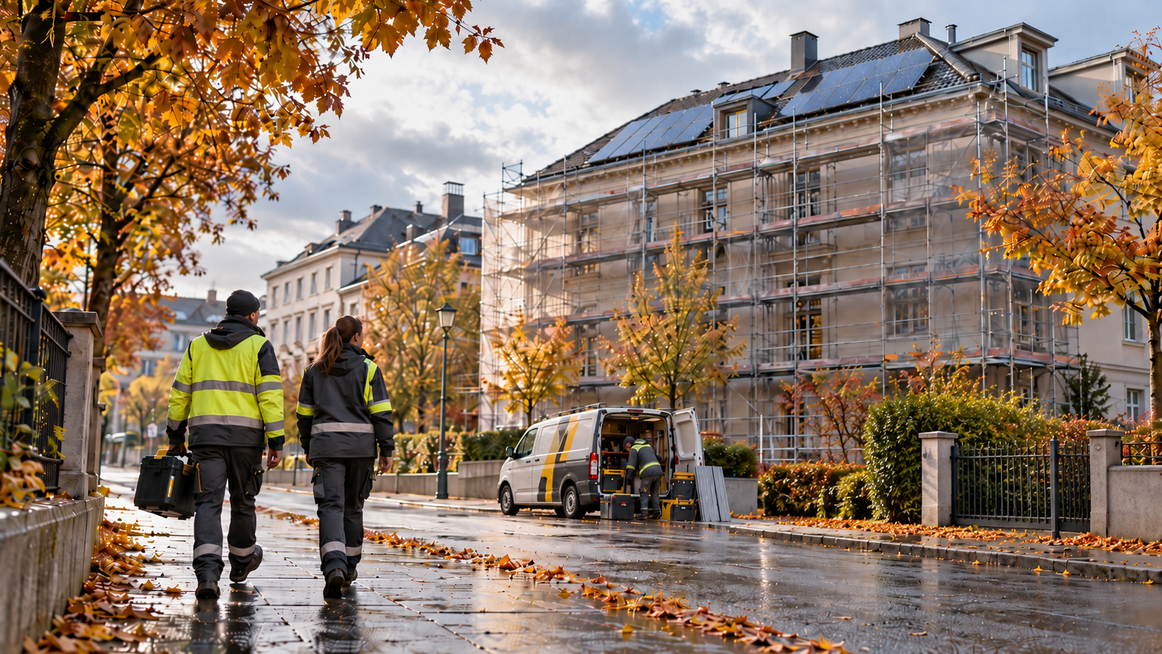 Ein herbstlicher Arbeitstag beginnt: unterwegs zum Einsatz an Dach, Fassade und Solaranlage.