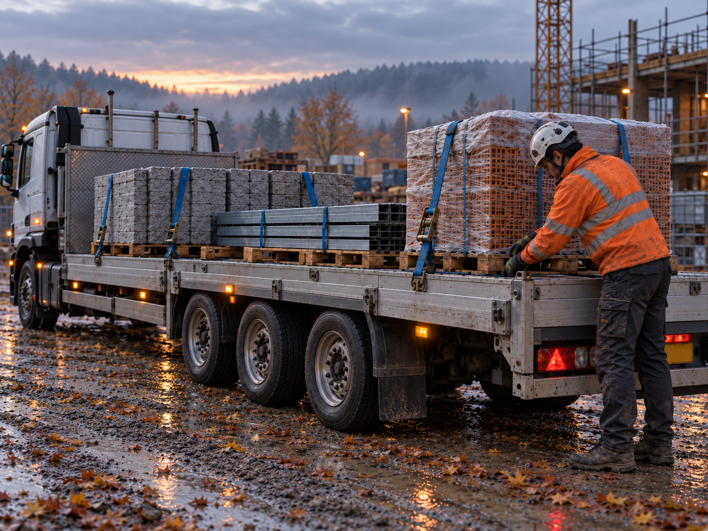 LKW-Fahrer mit Warnschutzjacke an nasser Rampe