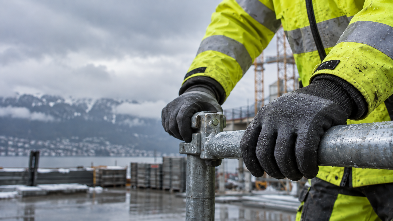 Gefütterte Arbeitshandschuhe greifen bei kaltem, feuchtem Wetter sicher ein Metallteil