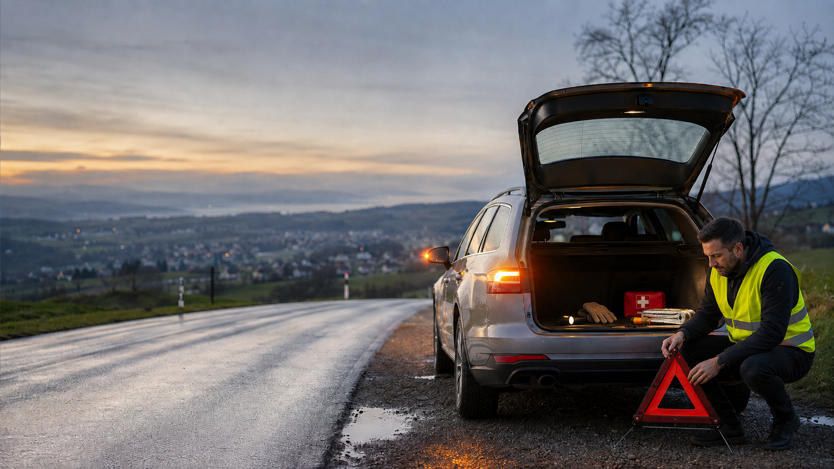 Person mit gelber Warnweste steht bei Dämmerung neben einem Auto mit geöffnetem Kofferraum; Pannendreieck, Verbandkasten, Handschuhe, Rettungsdecke und Stirnlampe sind griffbereit.