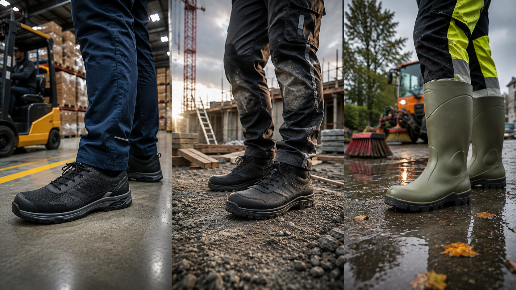 Drei Sicherheitsschuhe für unterschiedliche Arbeitsbereiche: leichter Schuh in der Lagerhalle, Sicherheitsschuh auf der Baustelle und wasserdichter Sicherheitsstiefel im nassen Aussenbereich