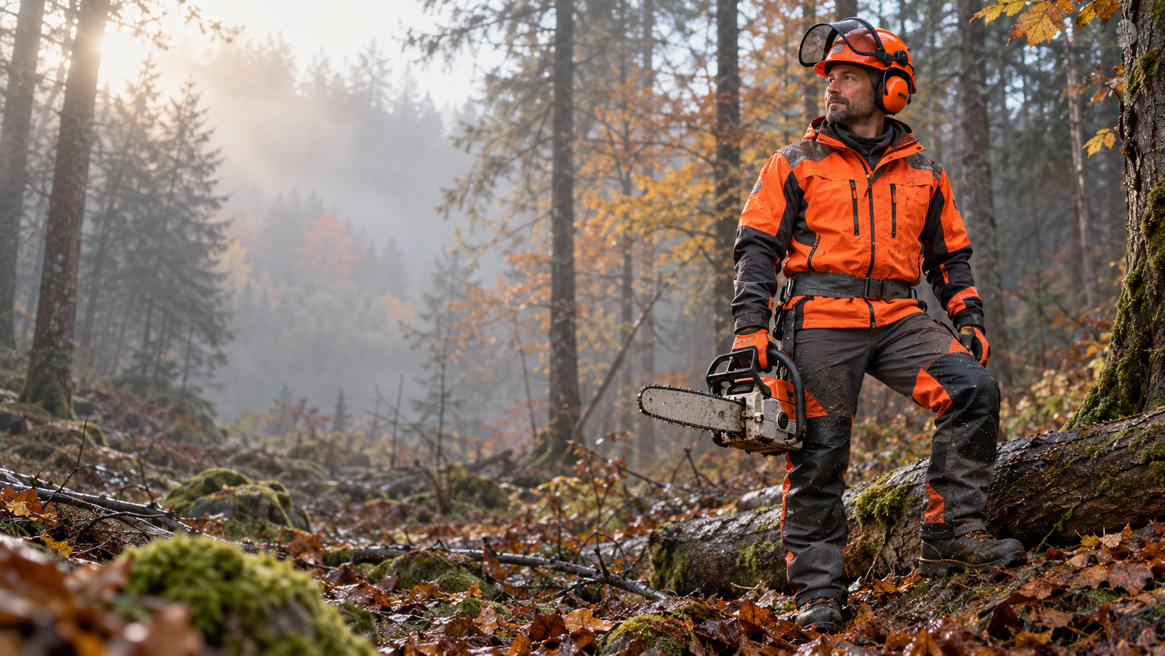Forstfachperson mit Helm, Visier, Gehörschutz, Schnittschutzhose, Handschuhen und Sicherheitsschuhen bei Forstarbeiten im nebligen Herbstwald.